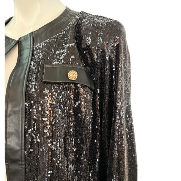 MING WANG Open Front Sequin Vegan Leather Jacket Black Size M NEW - Picture 9 of 12